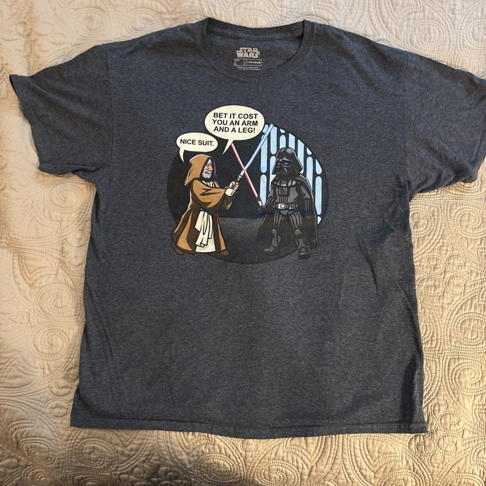 Star Wars T-Shirt Graphic Cartoon Obi Wan Kenobi Fighting Darth Vader Size L